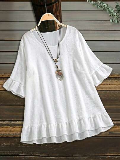 Linhara Plus Size Women's Solid Color Round Neck Ruffle Hem Loose Casual Blouse, Suitable For Going Out, Business Casual, Elegant