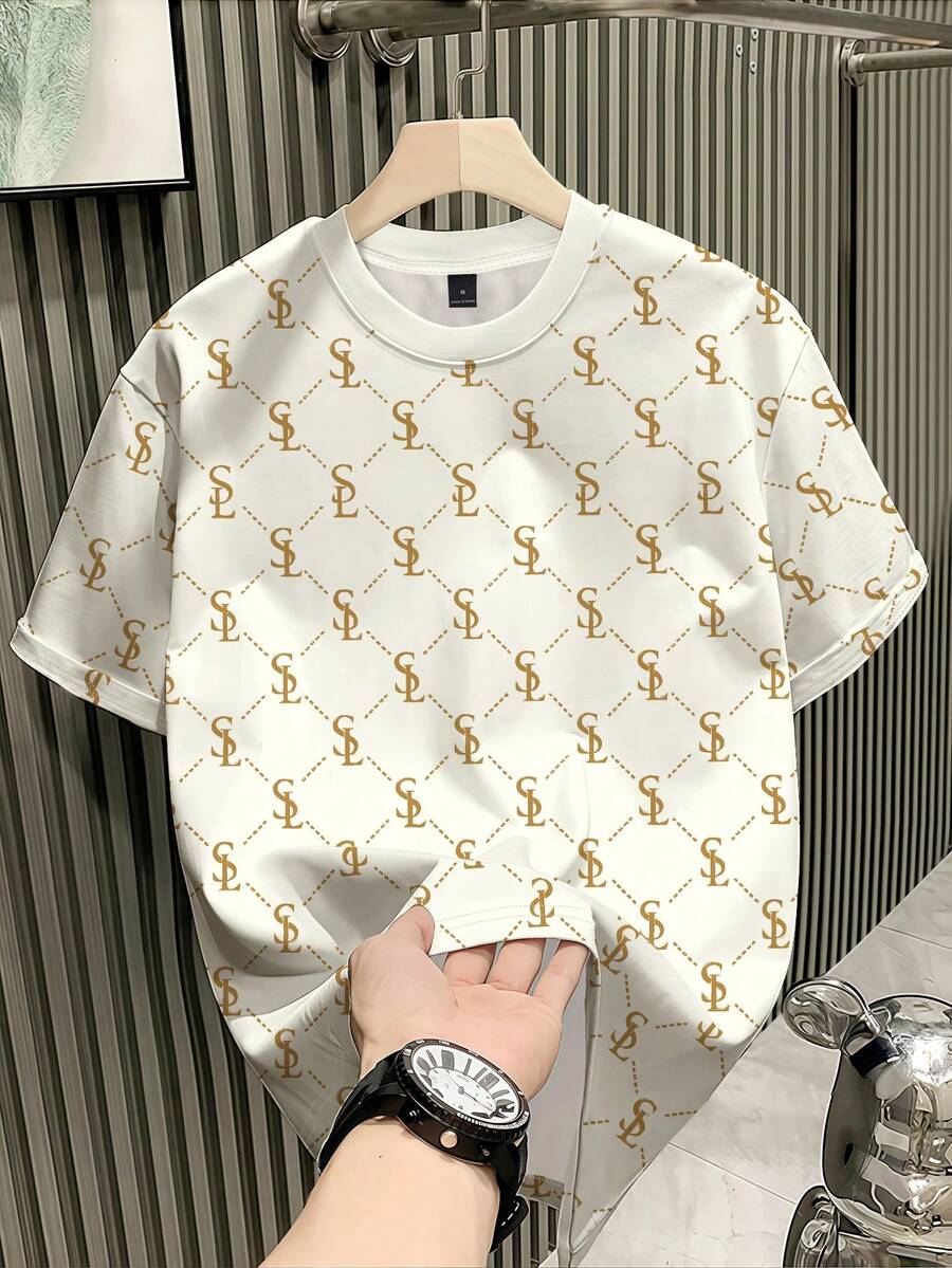 Resyla 男士休闲印花圆领短袖T恤 - 杏色 - 查看 1