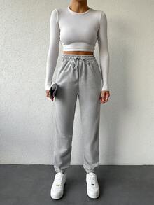 EURMUSE Women's Solid Color Drawstring Waist Joggers Sweatpants - Light Grey - View 4