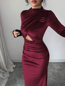 Rafferiza 女士优雅性感修身连衣裙，长袖立领修身天鹅绒面料侧开衩深蓝色连衣裙，秋冬款 - 中紫紅色 - 查看 4