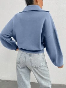 EURMUSE Sudadera oversize de 100% algodón con cuello con cremallera y estampado - Celeste - Ver 2