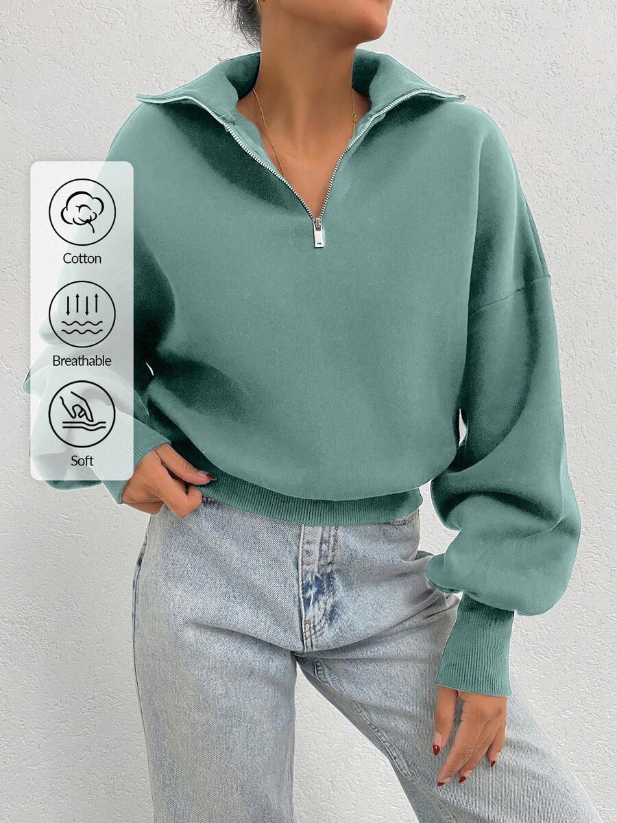 EURMUSE Áo nỉ oversize cổ bẻ 100% cotton có khóa kéo họa tiết - Màu xanh Bạc hà - Xem 1