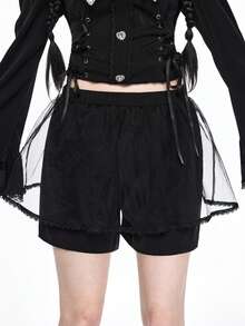 ROMWE Gothic Dark Peter Pan Collar Bow Tie Cross Pendant Fitted Shirt & Shorts 2 Pieces Set - Black - View 4