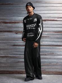 AXEPEAK Camiseta de manga larga de corte holgado con estampado de color contrastante para hombre - Negro - Ver 6