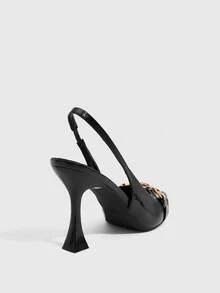 CUCCOO SZL 女士尖头高跟鞋，9厘米，优雅细高跟，后跟系带，方便穿脱，镜面PU材质，金属扣，黑色高跟鞋，适合日常/派对/通勤/职业场合。 - 黑色 - 查看 4