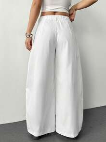 SHEIN PETITE 女士夏季复古休闲街头风外出宽松军绿色弧形裤脚长裤白色阔腿裤 - 白色 - 查看 3