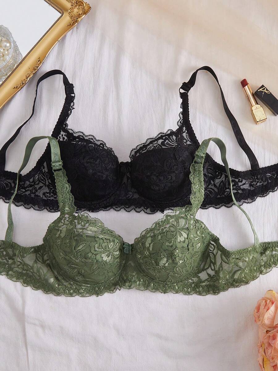 DesireSculpt 2件装女士纯色蕾丝钢圈文胸 - 綠色 - 查看 1