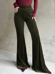 Firerie 女士新款优雅休闲日常通勤时尚百搭高腰修身天鹅绒喇叭裤，酒红色，适合秋冬季、机场、教师、办公室穿着，舒适秋季、圣诞节、新年等场合。 - 橄欖綠 - 查看 4