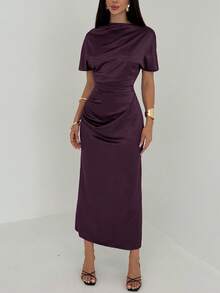 Aloruh Vestido de mujer con cuello drapeado elegante, cintura fruncida, unicolor minimalista, para verano - Morado - Ver 4
