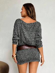 Aloruh Robe moulante mini à manches longues, col bateau, en tweed épais marron, élégante et décontractée, pour femmes, nouvelle collection automne/hiver - Noir et Blanc - Voir 2