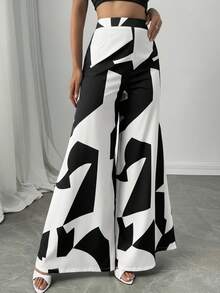 Firerie 女士优雅通勤、休闲度假、日常休闲高腰超阔腿裤，适合海滩、机场等各种场合。 - 黑與白 - 查看 6