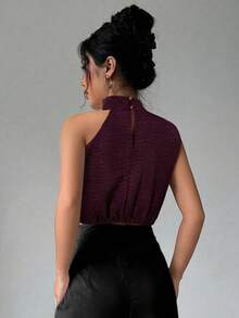 Firerie 女士亚麻高领无袖衬衫，通勤上衣，不对称无袖衬衫，适合通勤、优雅、度假、海滩、波西米亚风、夏威夷风、教师节、音乐节等场合 - 酒紅色 - 查看 2