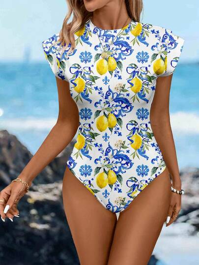 SHEIN LUNE Women's Casual Lemon Print Bodysuit, Suitable For Spring/Summer, Vacation & Beach Wear