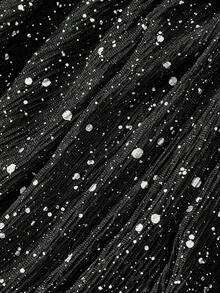 SHEIN MOD 情人节加大码女式不对称领喇叭袖修身短款透视网纱T恤，时尚街头风，秋季网纱黑色透视上衣，闪亮黑色上衣，亮片上衣，圣诞节女装，新年，万圣节女装，哥特风，派对上衣，感恩节黑色闪亮上衣，黑色网纱水钻上衣，女巫风 - 黑色 - 查看 4