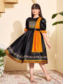 SHEIN Girls' Middle Eastern Traditional Arabic Dress,High-Quality Satin,Colorblock Orange & Black,Puff Sleeves,Waist Cinched,Elegant,Autumn Wedding Guest - Black - View 5