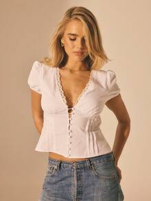 Aralina Women's Casual V-Neckline Button Front Puff Sleeve Top With Fabric Pleats And Lace Trim Detail Perfect For Summer Styling And Beach Vacation Outfits And Party Outfits - White - View 11