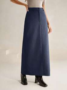 Anewsta Chân váy dài suông cạp cao dành cho nữ, phù hợp cho công sở thành thị và trang phục thường ngày, không bao gồm thắt lưng. - Màu xanh lam - Xem 5