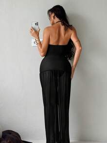 Bonvoyette 2pcs Solid Color Women Holiday Metal Decor Halter Crop Top & Skirt Set - Black - View 2
