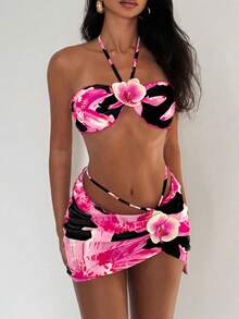 EgrlEra 三件套女士泳衣，黄色花卉印花荷叶边无肩带露脐上衣，饰有3D立体花朵设计，搭配同款泳裤和裹身裙，欧美简约风格，适合海滩、泳池、度假穿着。 - 彩色 - 查看 1