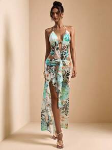 SHEIN BAE 开衩修身优雅花卉豹纹度假连衣裙，带珠饰，适合海滩度假、度假长裙、沙滩裙、露背裙、春夏季 - 薄荷綠 - 查看 5