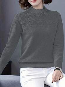 EMERY ROSE Suéter de punto de unicolor casual para mujer, otoño - Gris Oscuro - Ver 3
