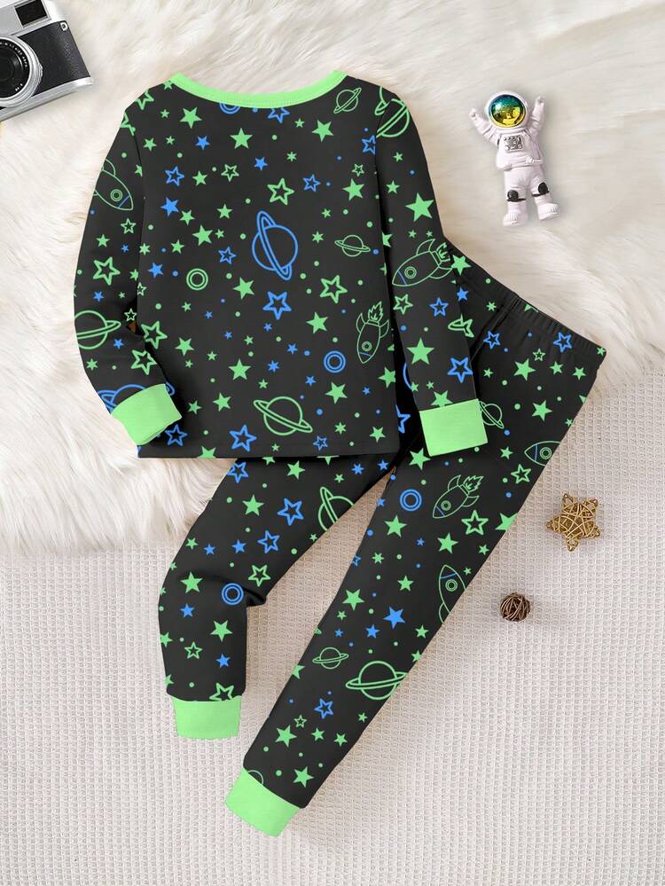1Set Boys' Glow-In-The-Dark Space & Rocket Print Snug Fit Long Sleeve Pajama Set, Spring/Autumn - Black - View 2