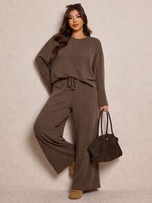 Elaquor 大码女式休闲纯色上衣和裤子两件套，秋冬款 - 棕色 - 查看 5