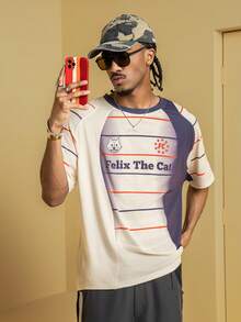 Felix The Cat X SHEIN Men's Summer Casual Patchwork Striped Cat Print Raglan T-Shirt - Apricot - View 2