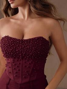 Anewsta Savoree 优雅串珠装饰无肩带紧身绷带上衣，别致时尚，适合新年、圣诞节、外出、冬季穿着。 - 酒紅色 - 查看 3