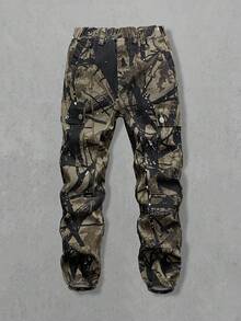 男童时尚迷彩印花牛仔裤，适合所有季节，休闲校园穿着，松紧腰带，工装口袋，宽松版型牛仔裤 - 卡其色 - 查看 3