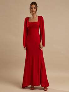 SHEIN BAE Đầm dài tay màu đỏ phối họa tiết hoa hồng, dáng ôm, thanh lịch, thích hợp cho tiệc cocktail, hẹn hò, đám cưới, phù dâu, ngày Valentine, mùa hè, tiệc trà, bữa ăn sáng muộn, các dịp trang trọng. - Đỏ - Xem 3