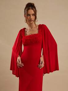 SHEIN BAE Đầm dài tay màu đỏ phối họa tiết hoa hồng, dáng ôm, thanh lịch, thích hợp cho tiệc cocktail, hẹn hò, đám cưới, phù dâu, ngày Valentine, mùa hè, tiệc trà, bữa ăn sáng muộn, các dịp trang trọng. - Đỏ - Xem 5