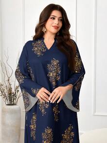 Al Najma Plus Size Women Arab Style Casual Dress, Minimalist Fashion For Everyday Wear Modest - Navy Blue - View 3