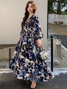 DAZY Women's Floral Print V-Neck Long Sleeve Mid-Length Dress Sundress - Baby Blue - View 4