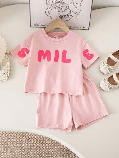 SHEIN Newborn Baby Girl Cute Summer Casual Knit Pink Letter Print Short Sleeve T-Shirt And Shorts Set