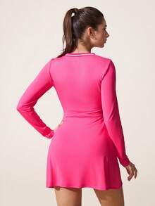 SHEIN Sovereign Charm 女士V领撞色滚边长袖收腰运动连衣裙 - 玫紅色 - 查看 2