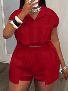 Slaydiva 复活节/西部/海滩/波西米亚/百搭日常休闲基本款优雅大码女式纯色口袋衬衫短裤套装两件套女式短款两件套夏季 - 紅色 - 查看 4