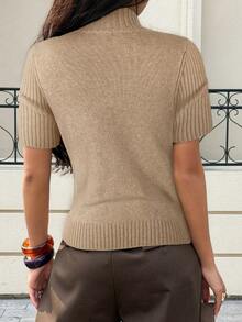 Siren Gaze 女士纯色高领短袖羊毛针织上衣，四季皆宜，罗纹泡泡袖，夏季休闲款 - 杏色 - 查看 2