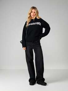 MISSGUIDED 粗针织套头毛衣，醒目字母印花，长袖圆领，秋冬休闲款 - 黑色 - 查看 3