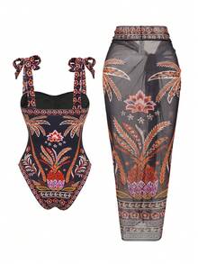 Swim Oasis 2pcs Women's Vacation Edition Pineapple Print Spaghetti Strap Jumpsuit With Cover-Up & Skirt Bathing Suits For Women Boho ,Valentine's Day - Multicolor - View 2