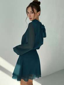 Aloruh Elegant Solid Color Mock Neck Bishop Sleeves Dress, Casual & Party Wear - Teal Blue - View 5
