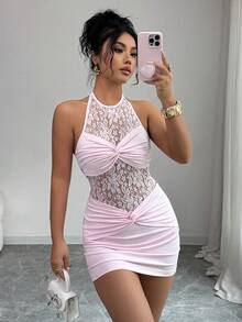 Elenzga 女士浪漫性感透视沙滩度假连衣裙，粉色针织无袖吊带紧身迷你连衣裙 - 粉色 - 查看 1