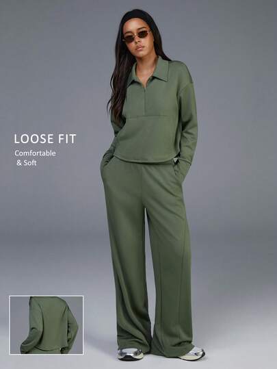 Fluxe 女士纯色落肩长袖半拉链宽松休闲套头卫衣