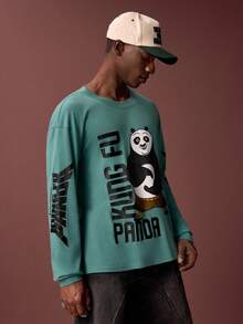 SHEIN Kung Fu Panda Men's Letter & Panda Print Round Neck Drop Shoulder T-Shirt - Green - View 5