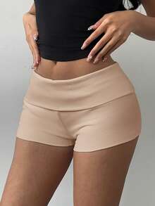 SHEIN BASICS Women's Casual Solid Color Knit Low Waist Fitted Sports Shorts/Summer - Khaki - View 4