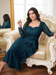 Modelyn Đầm dự tiệc cỡ lớn thanh lịch màu trơn ren trang trí hoa 3D - Màu xanh ngọc - Xem 7
