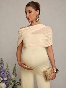 MaterniChic Pregnant Women's Elegant Contrast Mesh Ruffle Jumpsuit, Summer - White - View 6