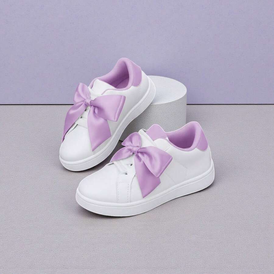 Zapatos de moda para niñas con  Moñote de Varios colores - Color sólido, zapatillas de vestir casual con hebilla adhesiva, suela de PVC, forro de tela - Diseño Casual y cómodo - Lila - Ver 1