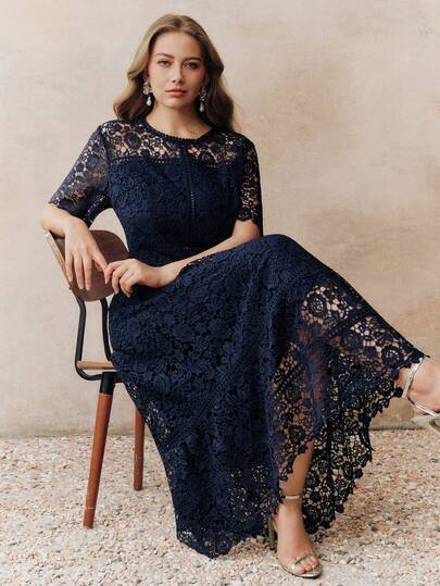 Anewsta Valentine Plus Size Women's Elegant Lace Patchwork Dress, Graceful Floral Lace Trim Short Sleeve Midi Dress, Navy Blue