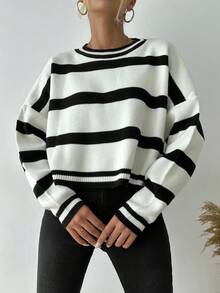EURMUSE Striped Pattern Drop Shoulder Sweater - Black and White - View 6